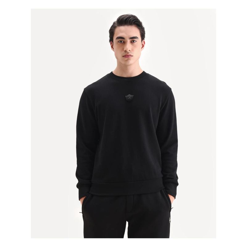 Rare Rabbit Mens Agon Black Rayon Blend Fabric Full Sleeves Crew Neck Badge Print Sweatshirt (M)