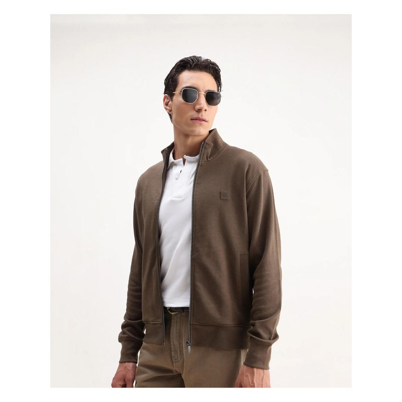 Rare Rabbit Mens Costo-J Brown Polyester Blend Plain Relaxed Fit High Neck Sweatshirt (S)