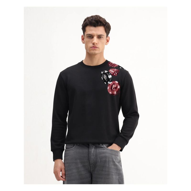Rare Rabbit Mens Lyra Black Cotton Blend Graphic Print Regular Fit Crew Neck Sweatshirt (S)