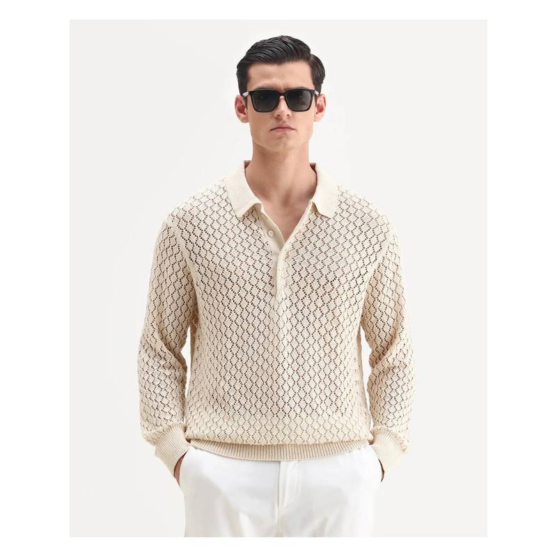 Rare Rabbit Mens Ocon Light Beige Cotton Blend Fabric Regular Fit Geometric Print Polo T-Shirt (L)