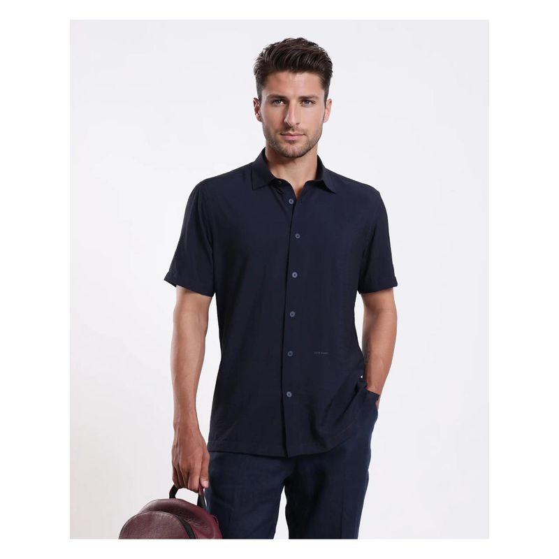 Rare Rabbit Mens Ratuh Navy Viscose Nylon Fabric Regular Fit Plain Shirt (XS)