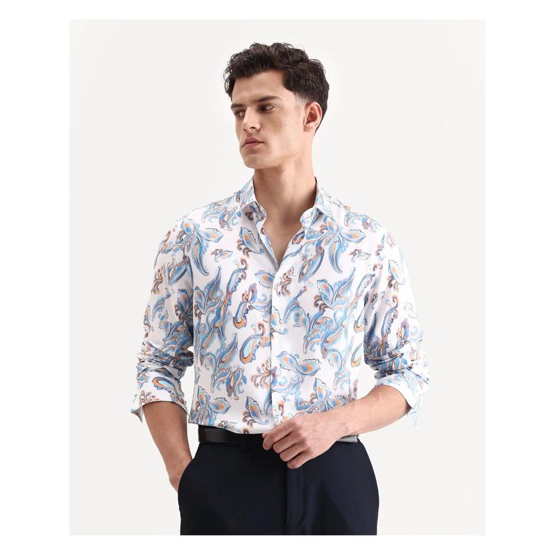 Rare Rabbit Mens Revo White Viscose Blend Fabric Regular Fit Paisley Shirt (S)