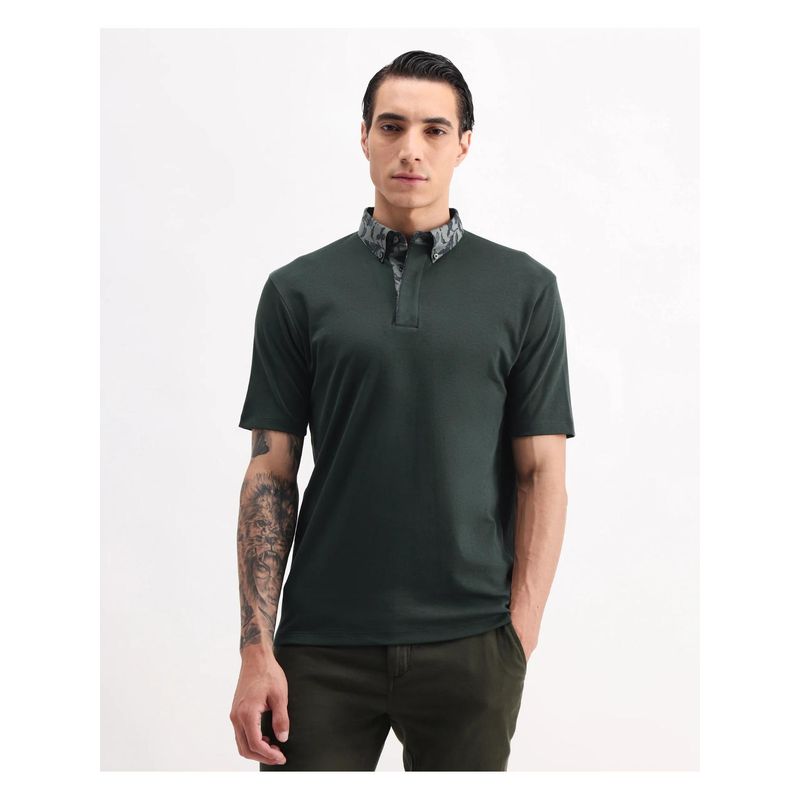 Rare Rabbit Mens Ringer-A25 Dark Green Cotton Regular Fit Polo T-Shirt (S)