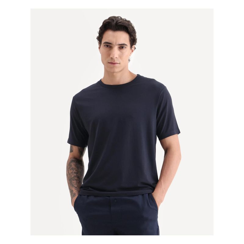 Rare Rabbit Mens Vaux Navy Cotton Fabric Half Sleeve Regular Fit Plain T-Shirt (XS)