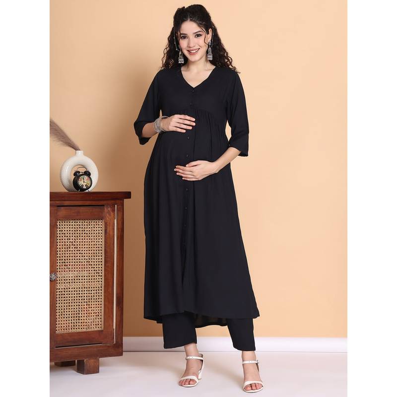 Secret Wish Black Solid Rayon Maternity Kurta with Pant (Set of 2) (M)