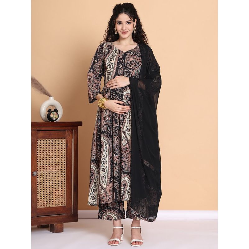 Secret Wish Black Floral Cotton Maternity Kurta with Pant and Dupatta (Set of 3) (M)