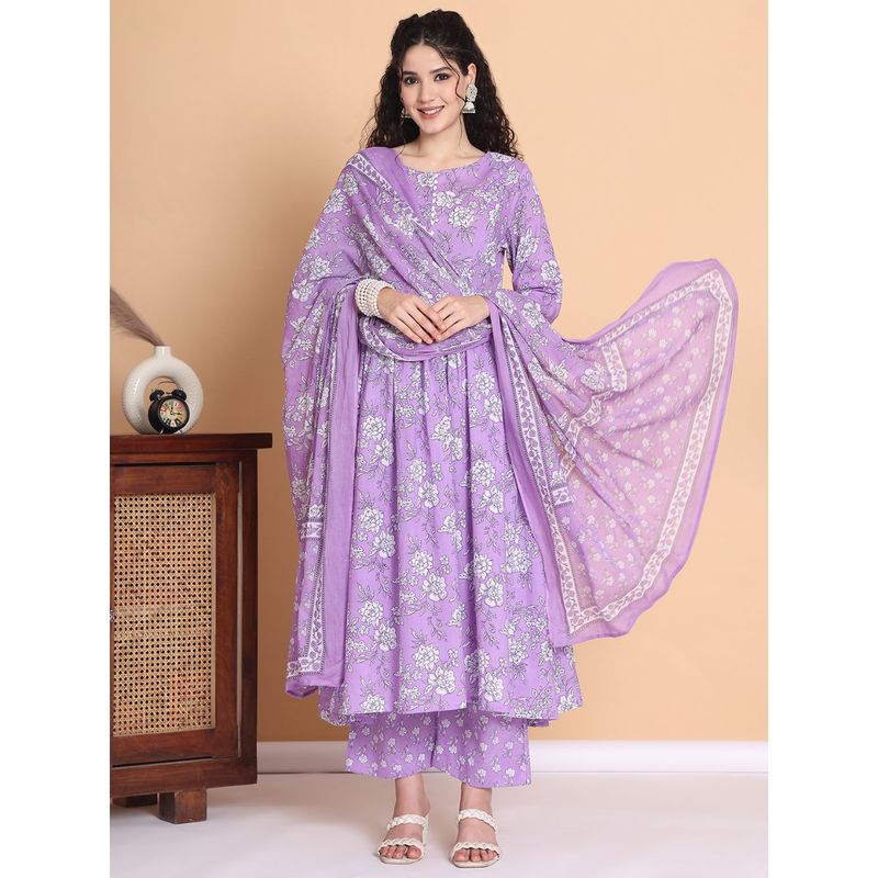 Secret Wish Lilac Floral Cotton Maternity Kurta with Pant and Dupatta (Set of 3) (M)