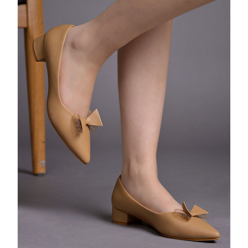 Shoetopia Pointed Toe Bow Detailed Tan Pumps for Women (EURO 40)
