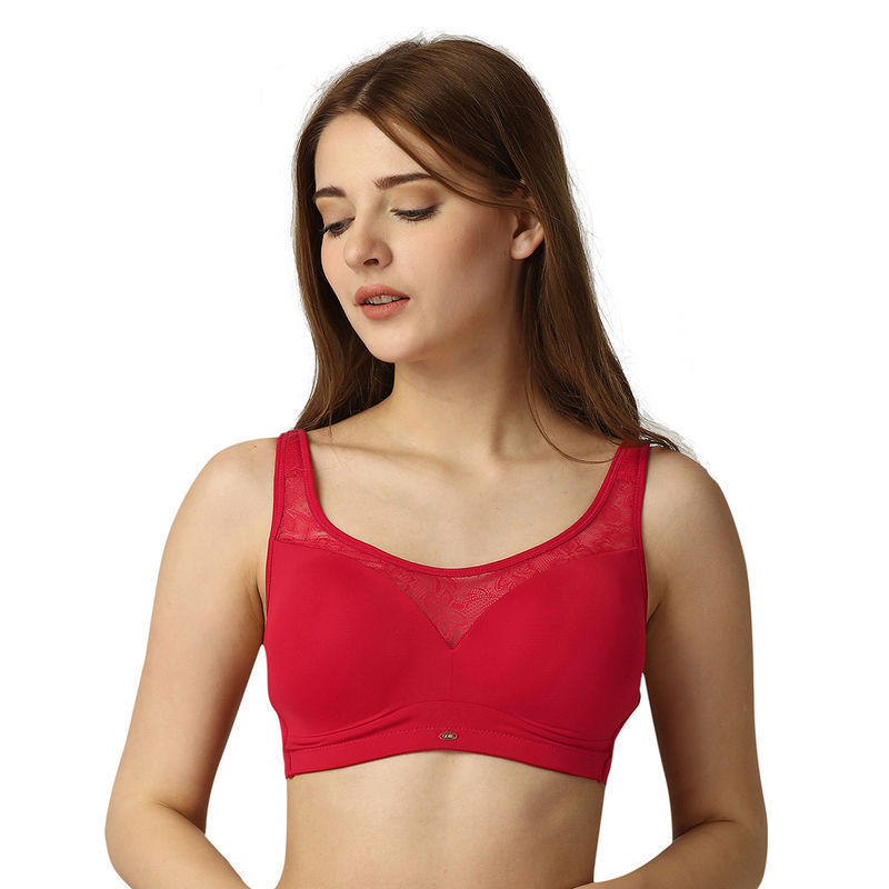 SOIE Full Coverage Padded Non Wired Lace Detail Cami Bra-Red (34DD)
