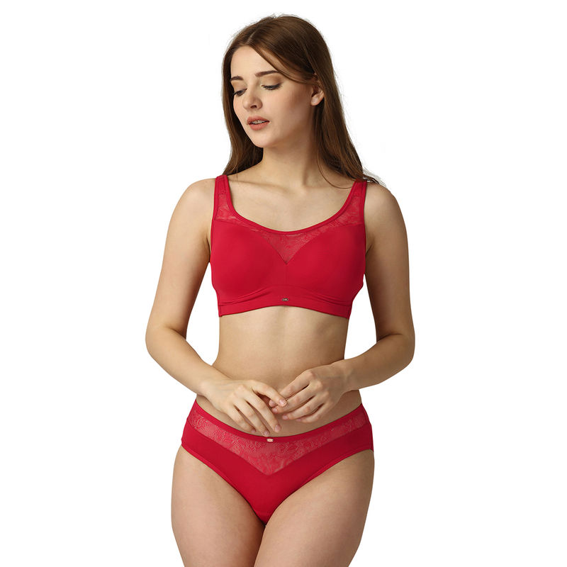 SOIE Full Coverage Padded Bra and Mid Rise Brief With Lace Detailing-Sets-Red (32B-S)