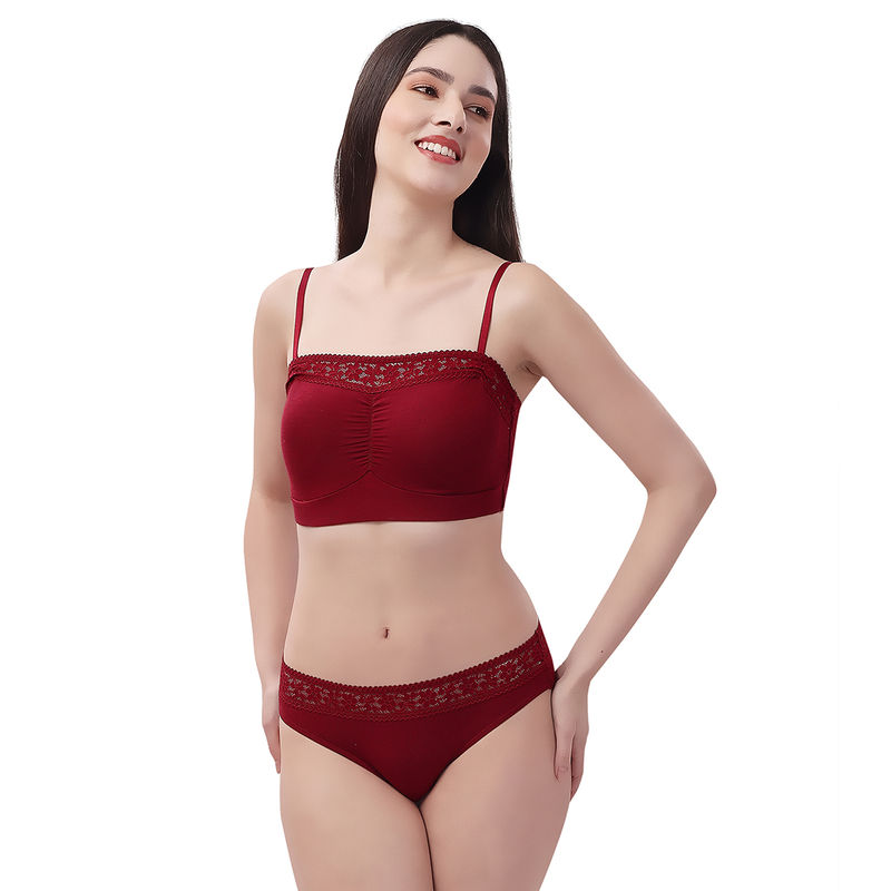 SOIE Lacy Bandeau Bra with Mid Rise Full Coverage Solid Lacy Brief-Sets-Maroon (XL)
