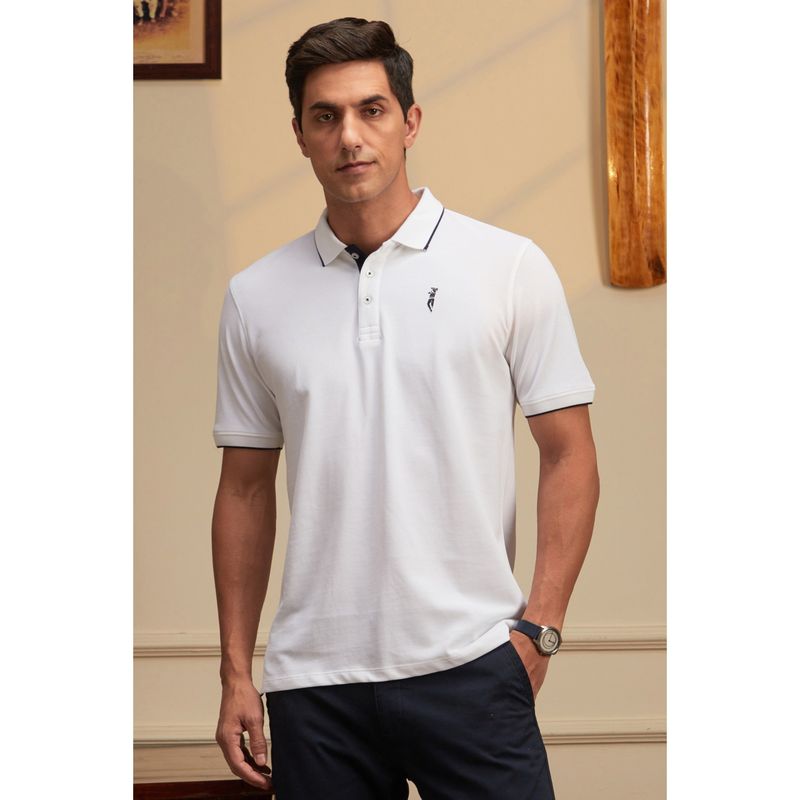 Peter England Men White Cotton Collar Neck Polo T-Shirt (S)