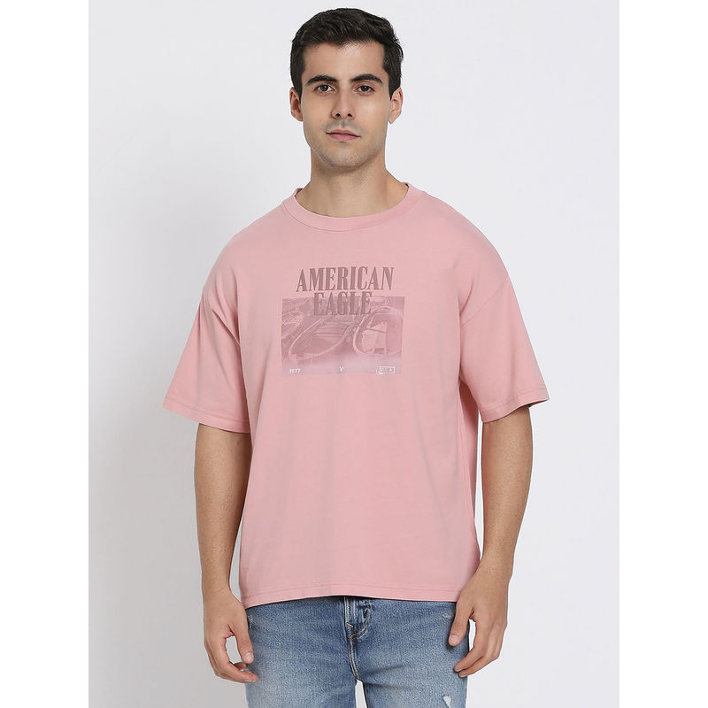 American Eagle Men Pink Cotton Round Neck T-Shirt (S)