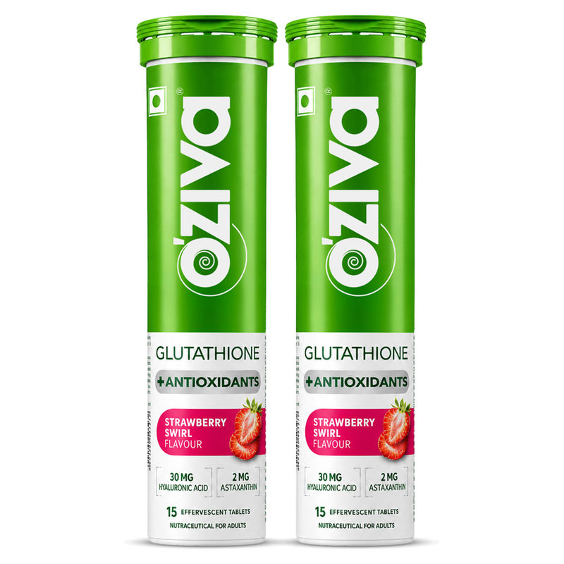 OZiva Bioactive Gluta Fizzy (L-Glutathione), Reduce Cellular Damage on Skin - Strawberry (Pack of 2)