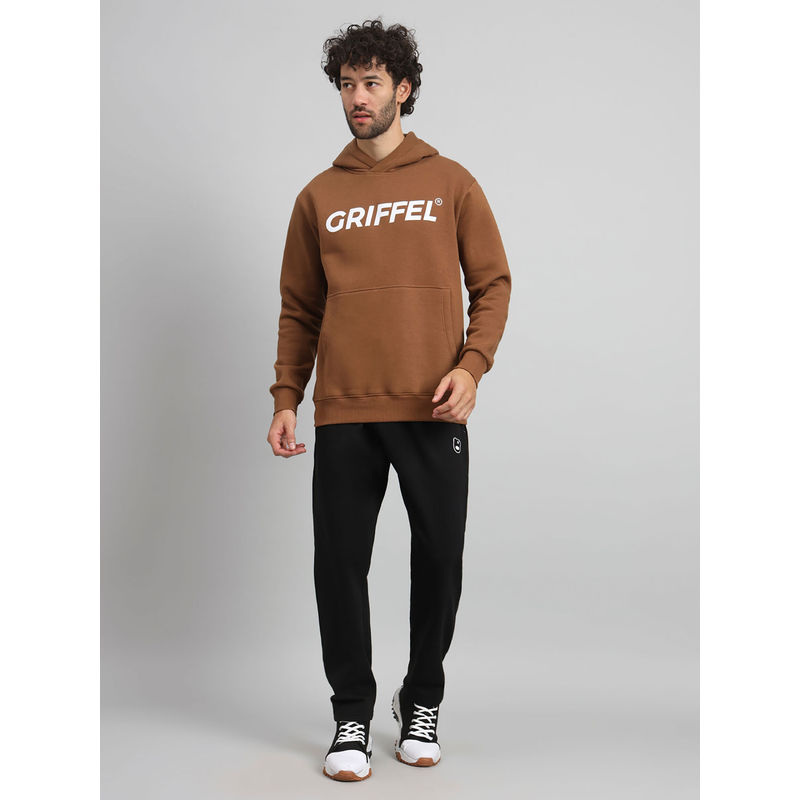 Griffel Mens Regular Fit Front Logo Fleece Basic Hoodie Brown Tracksuit (Set of 2) (XL)