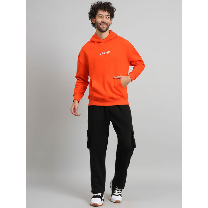 Griffel Men Oversized Fit Front Logo Cotton Orange Fleece Hoodie and trackpant (Set of 2) (S)