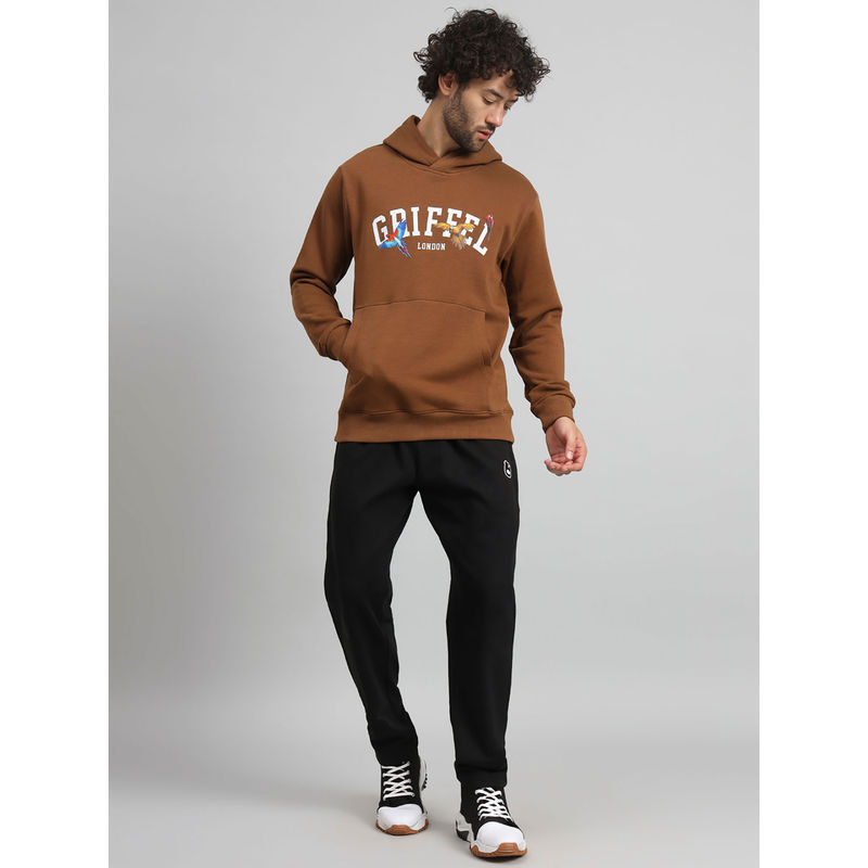 Griffel Men Regular Fit Birds Print Front Logo Cotton Brown Fleece Tracksuit (Set of 2) (2XL)