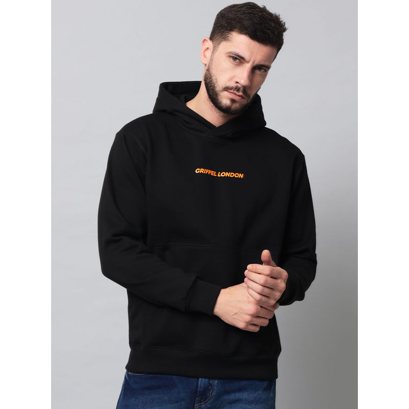 Griffel Mens Front Logo Solid Fleece Basic Black Hoodie Sweatshirt (S)