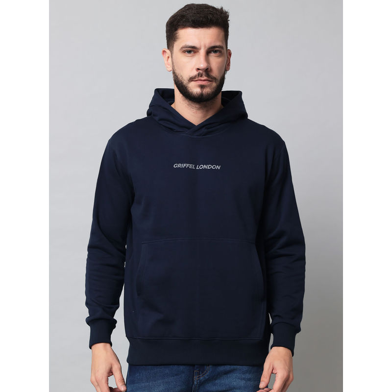 Griffel Mens Front Logo Solid Fleece Basic Navy Hoodie Sweatshirt (M)