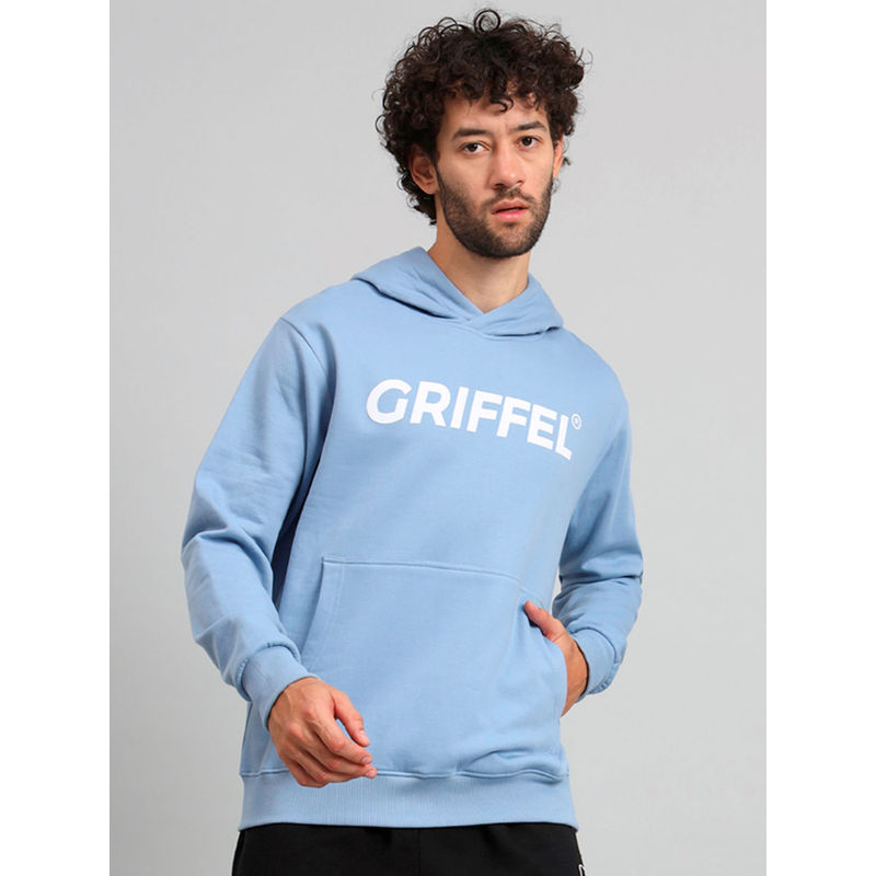 Griffel Mens Regular Fit Sky Blue Front Logo Fleece Hoodie Sweatshirt (M)