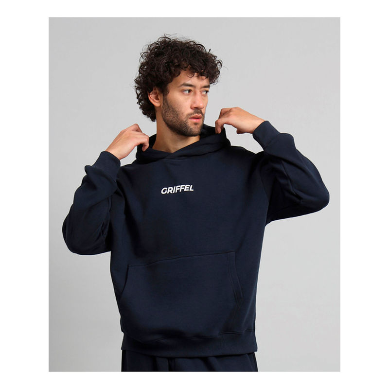 Griffel Mens Navy Front Logo Oversized Fleece Hoodie Sweatshirt (S)