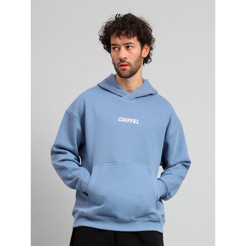 Griffel Mens Sky Blue Front Logo Oversized Fleece Hoodie