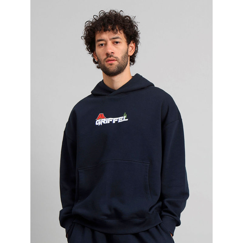 Griffel Mens Navy Fireball Oversized Fleece Hoodie Sweatshirt (XL)