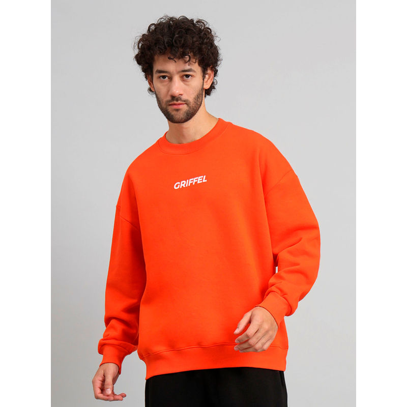Griffel Mens Orange Front Logo Oversized Round Neck 100% Cotton Fleece Sweatshirt (M)