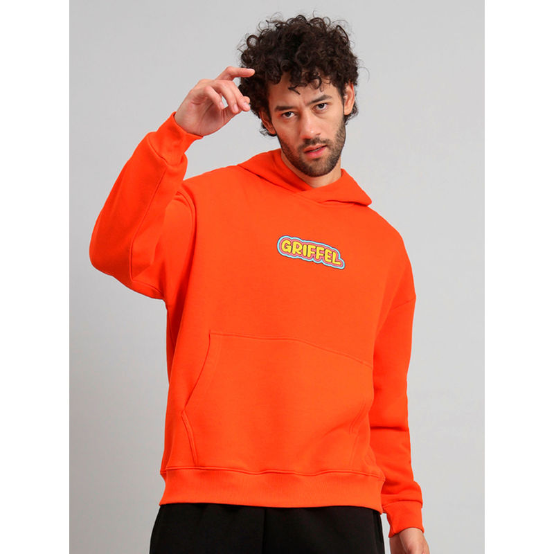Griffel Mens Orange BAD GUY Print Front Logo Oversized Fleece Hoodie Sweatshirt (XL)