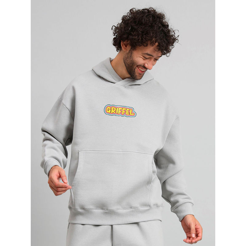 Griffel Mens Steel Grey BAD GUY Print Front Logo Oversized Fleece Hoodie Sweatshirt (M)