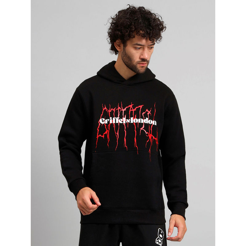 Griffel Mens Black GriffelXLondon Print Regular Fit Cotton Fleece Hoodie Sweatshirt (2XL)