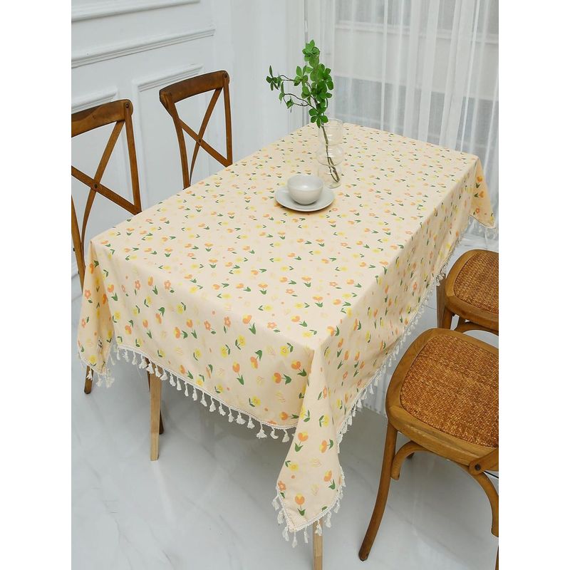 House of Quirk 183 Peach Floral Printed Linen Dust Proof Kitchen Dinning Table Cover (4 Seater)