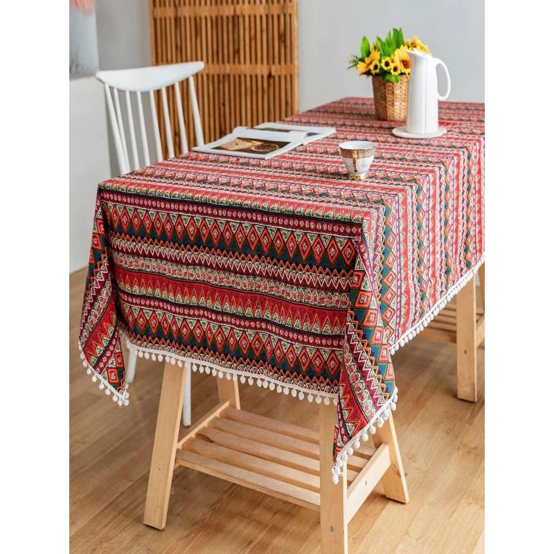 House of Quirk 228 Red Trible Printed Cotton Linen Dust Proof Kitchen Dinning Table Cover (6 Seater)
