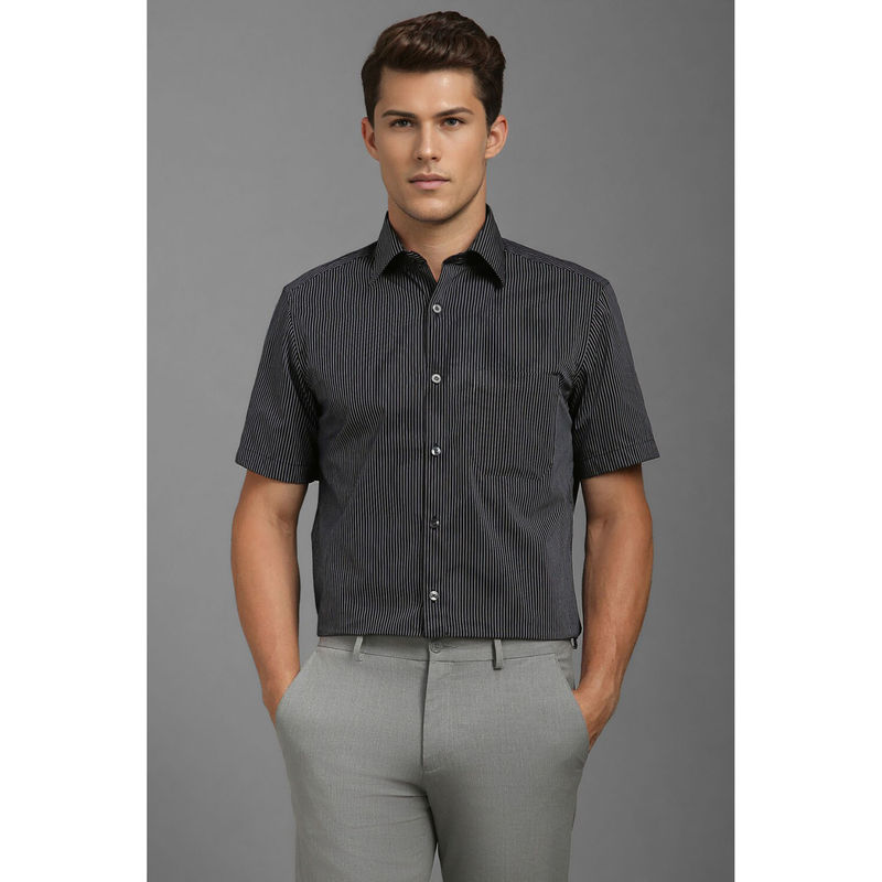 Louis Philippe Men Black Classic Fit Stripe Half Sleeves Formal Shirt (39)