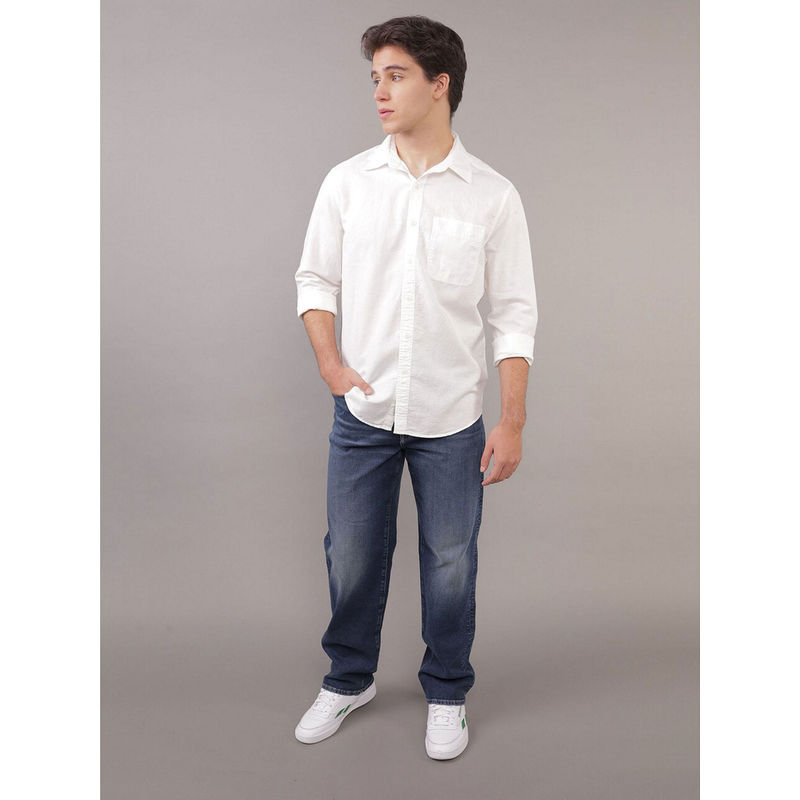 American Eagle Men White Linen Button-Up Shirt (M)