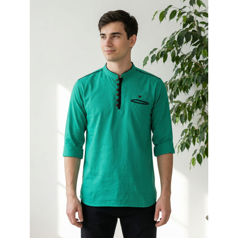 KUONS AVENUE Men Forest Green Linen Cotton Short Kurta (M)