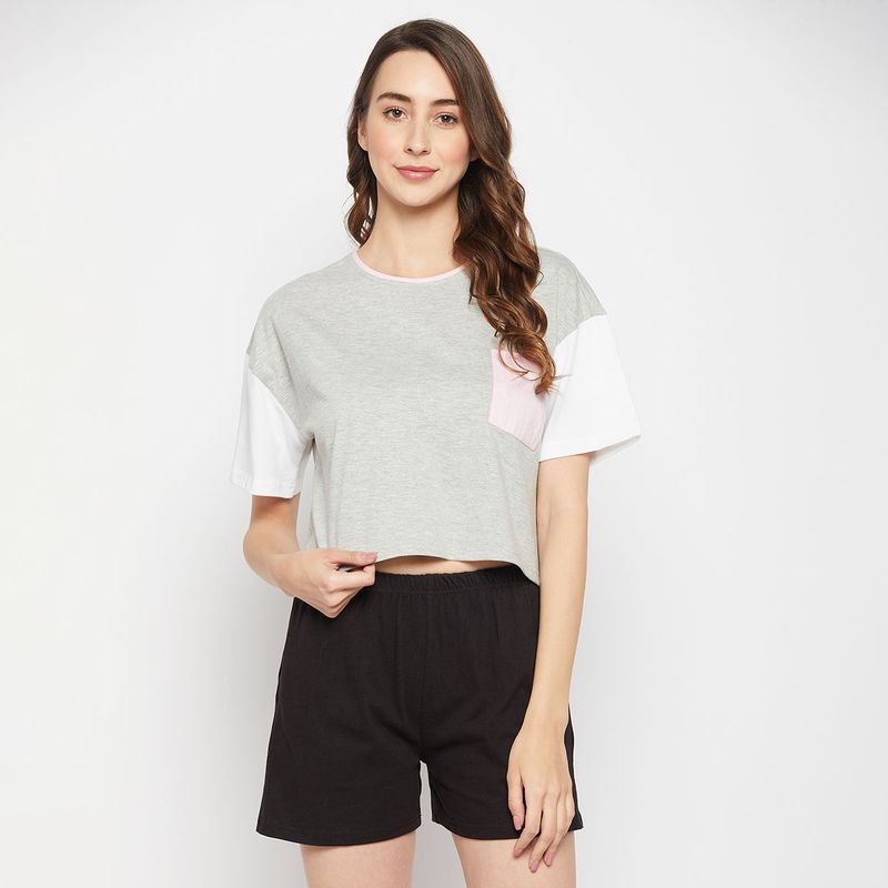 Clovia Colourblocked Cropped T-Shirt In Light Grey - 100 Percent Cotton (2XL)