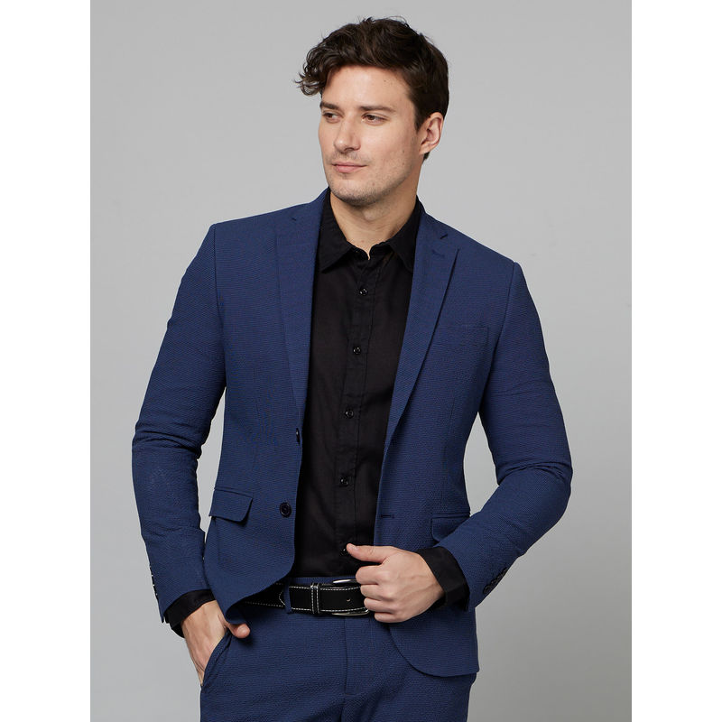 CELIO Self Design Seer Sucker Navy Blue Long Sleeves Blazer (L)