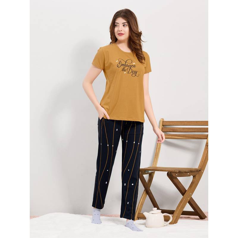 Quira Womens Printed Regular Fit T-Shirt and Pyjama Mustard (S)