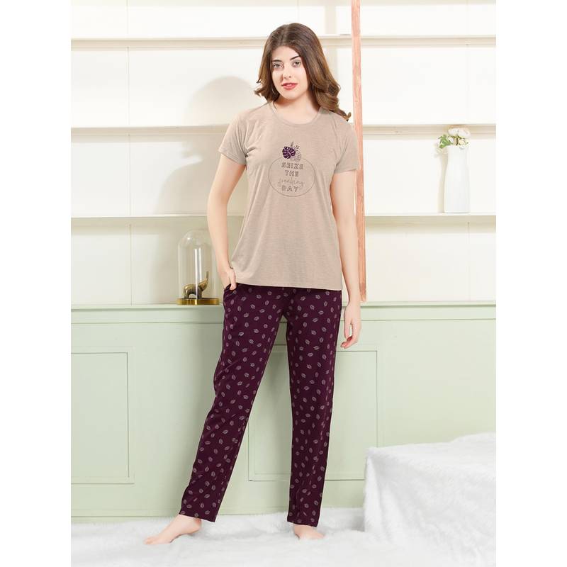 Quira Womens Printed Regular Fit T-Shirt and Pyjama Brown (S)