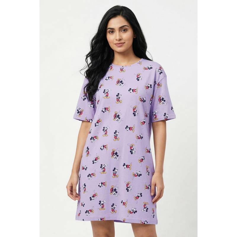 Zivame Mickey And Friends Knit Cotton Night Dress - Pastel Lilac (S)