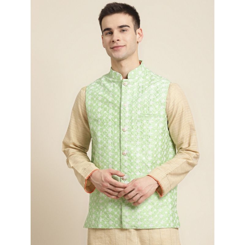 SOJANYA Silk Blend Light Green Embroidered Only Nehru Jacket (S)
