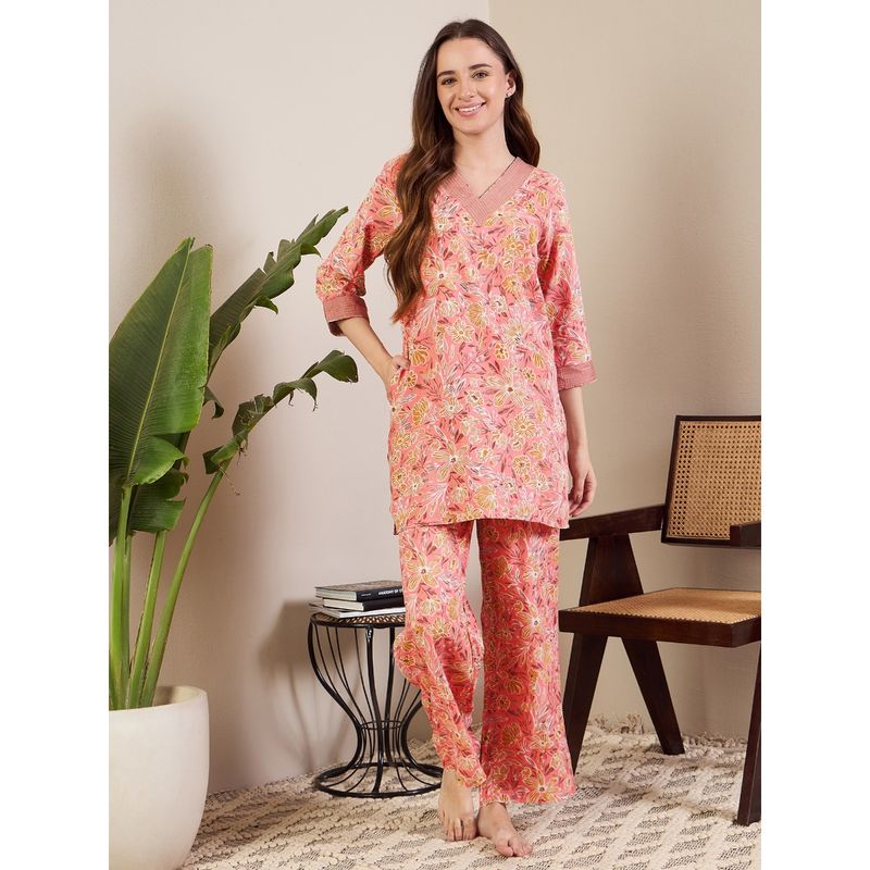 July Nightwear Peach Rayon Kurti and Pyjama (Set of 2) (XL)