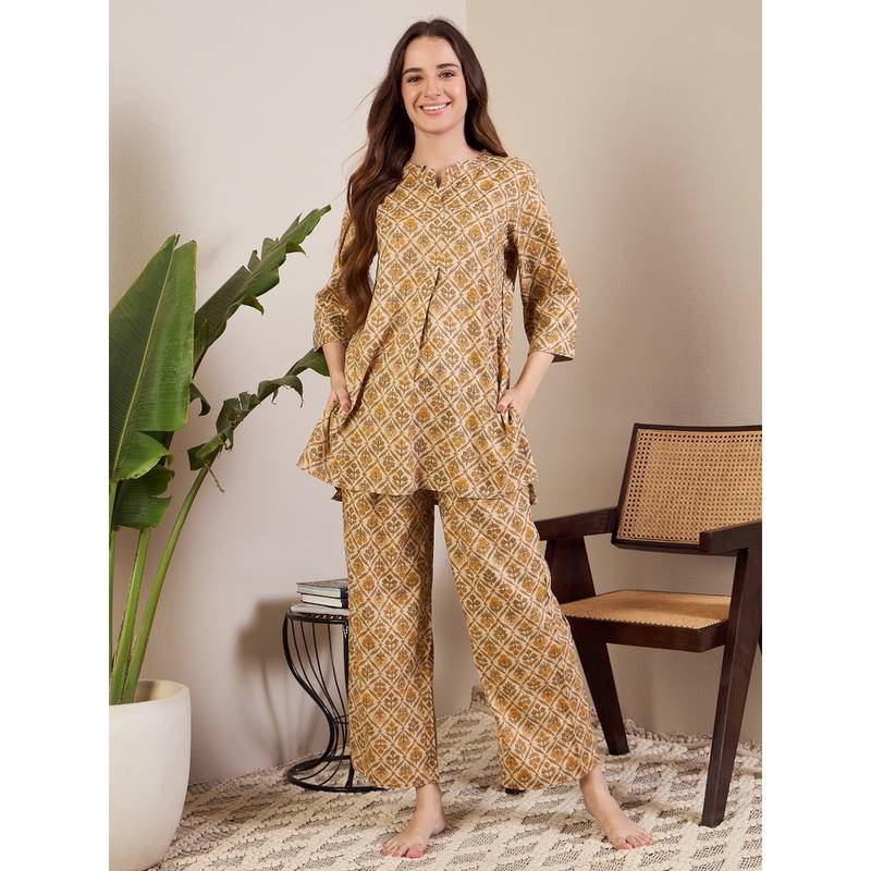 July Nightwear Beige Rayon Kurti and Pyjama (Set of 2) (M)