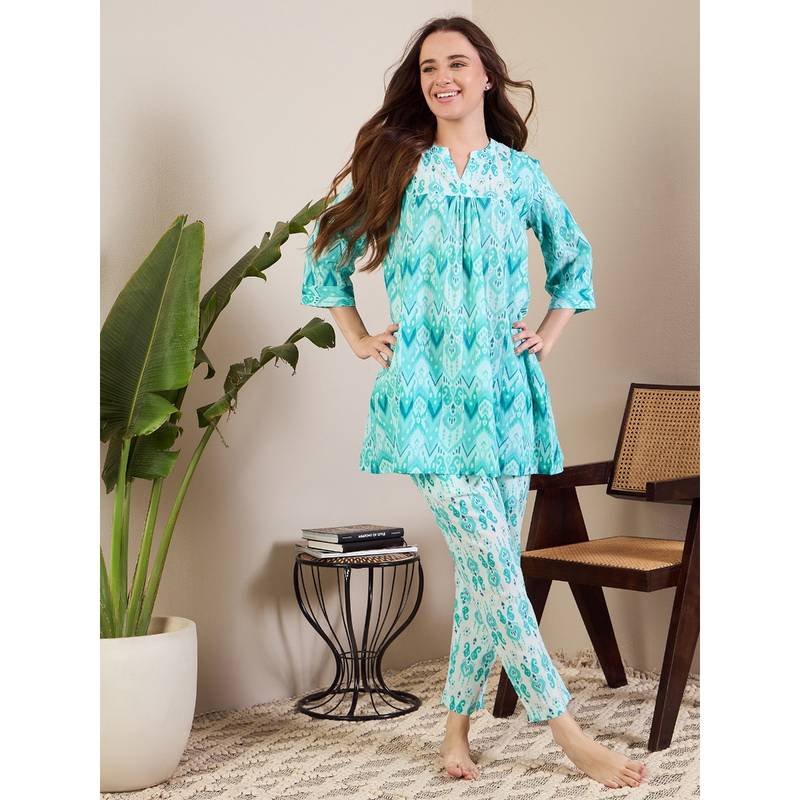 July Nightwear Aqua Rayon Kurti and Pyjama (Set of 2) (XL)