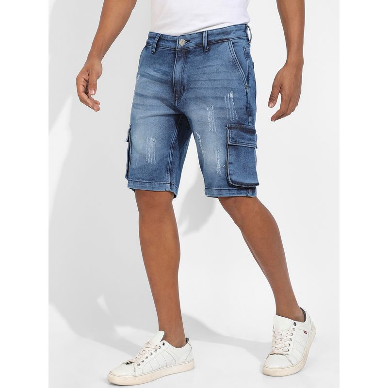 Campus Sutra Mens Blue Distressed Cargo Denim Shorts (34)