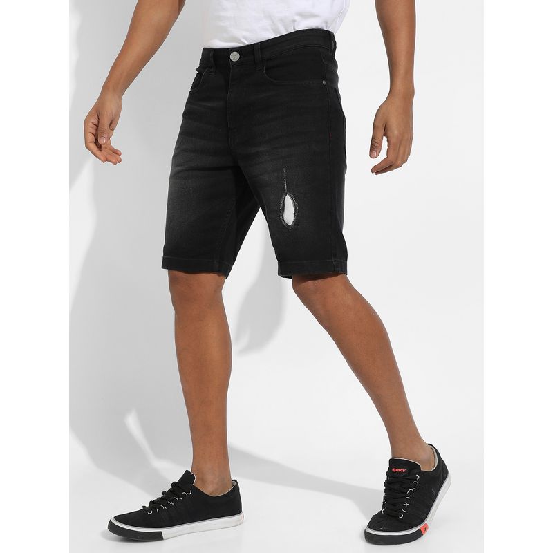 Campus Sutra Mens Light Black Minimal Distressed Denim Shorts (28)