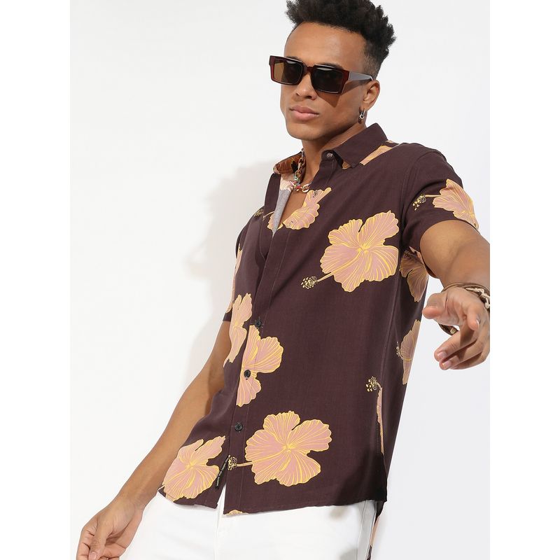 CAHOOT Mens Brown Hibiscus Print Shirt (S)