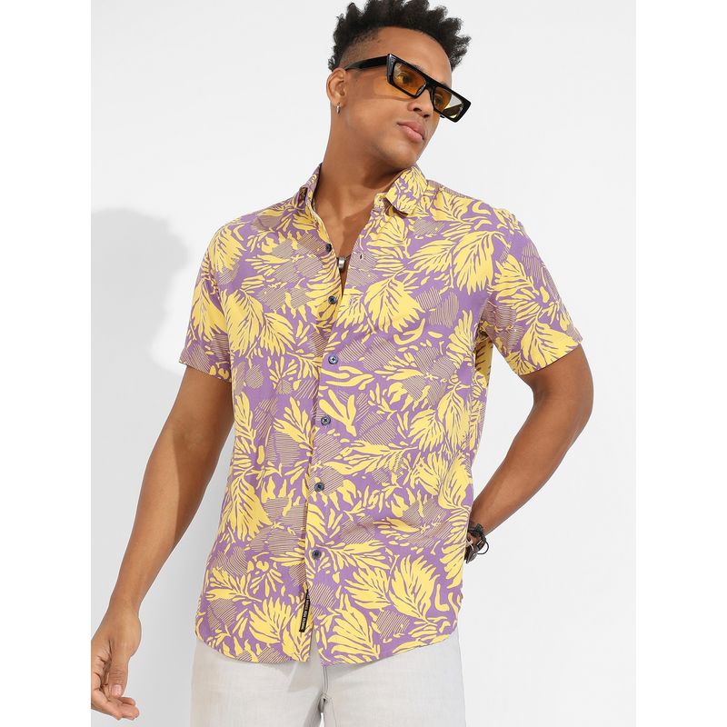 Campus Sutra Mens Lavender & Yellow Contrast Foliage Shirt (S)
