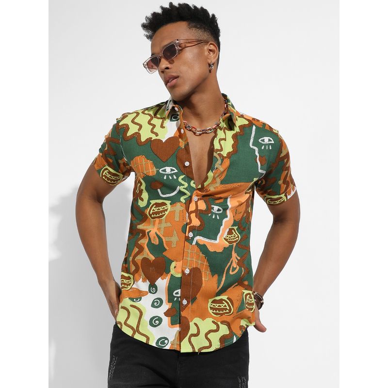 Campus Sutra Mens Mustard Yellow & Forest Green Artistic Romance Shirt (S)